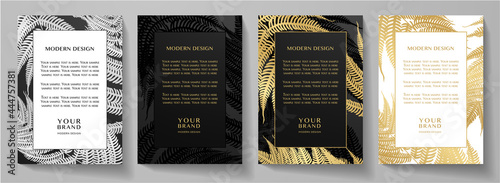 Tropical black and gold frame design set (collection). Premium vector layout with luxury golden leaf (fern) print pattern for certificate, business catalog, brochure template, menu