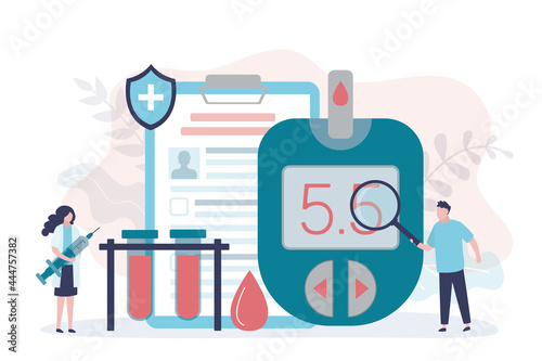 Doctor with magnifying glass checking readings of glucometer. Endocrinology team monitors patients blood sugar