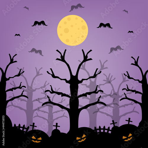 Halloween night with graveyard. Halloween background. Spooky forest with treesVector illustration.