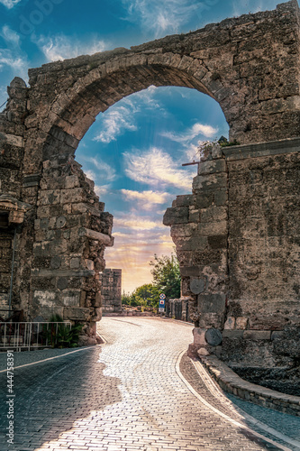 Ruins of ancient city in Side Antalya - Old gates to antique theater
