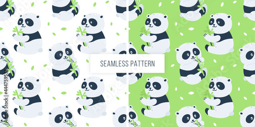 Childish seamless pattern with pandas and bamboo.