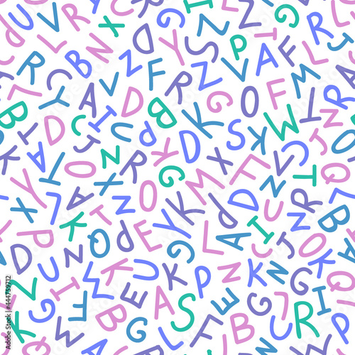 Vector drawing seamless pattern. Line hand drawn multicolored alphabet background. Geometric ornament for fabric, wallpaper, packaging.