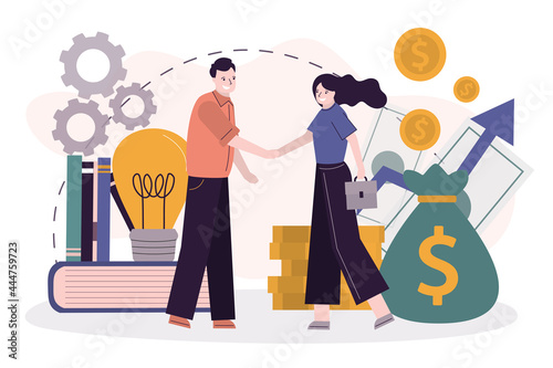 Two entrepreneur make business deal. Businesswoman invest money in innovation idea or new startup