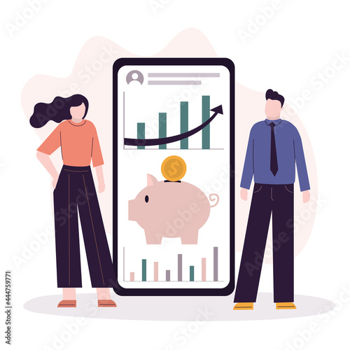 Business people investing and deposits money into online bank at interest. Piggy bank with gold coins on smartphone screen. Concept of online app banking