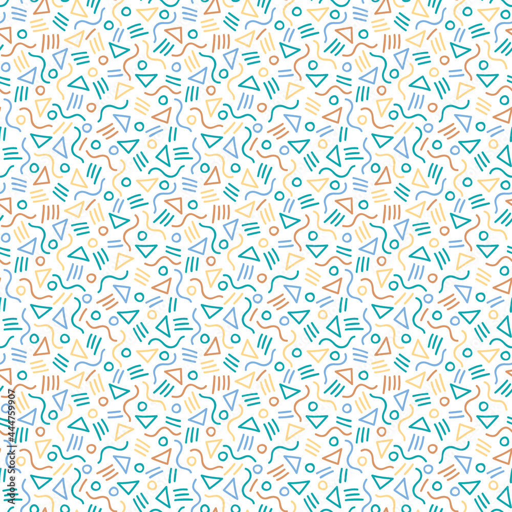 Vector drawing seamless pattern. Line hand drawn multicolored background. Geometric ornament for fabric, wallpaper, packaging.