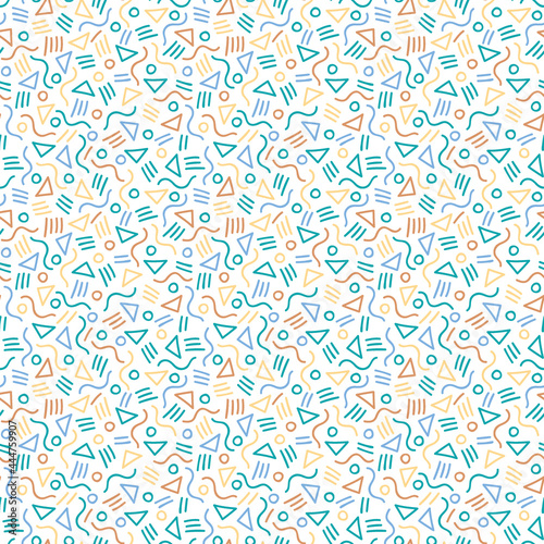 Vector drawing seamless pattern. Line hand drawn multicolored background. Geometric ornament for fabric, wallpaper, packaging.