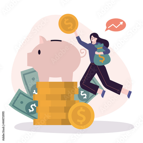 Girl jump and throws coins into piggy bank. Businesswoman invest money. Woman savings or hoard money. Employee invest or save money
