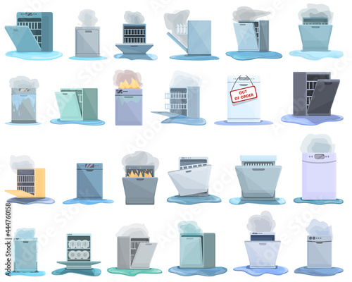 Repair dishwasher icons set cartoon vector. Heating plumber. Repair service