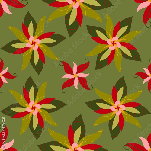 Abstract Hand Drawing Chryshantemum Flowers and Leaves Seamless Pattern Isolated Background