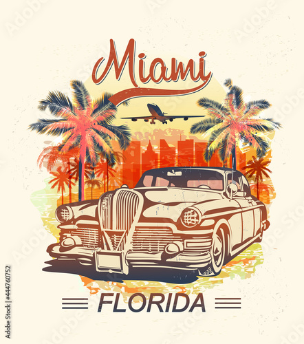 Miami typography for t-shirt print with palm and retro car.Vintage poster.