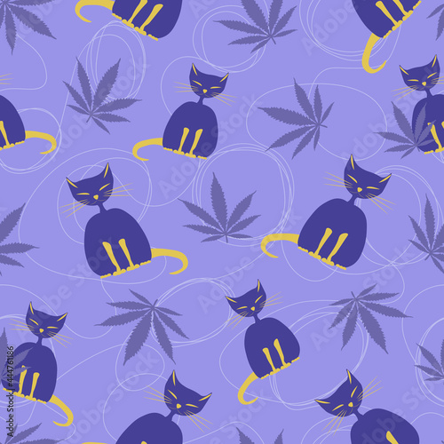 seamless pattern of stylized blueberry-colored sphinx cats and purple hemp leaves on a light purple background with curled continuous lines