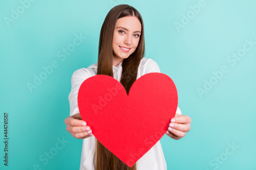 Photo of positive young happy woman hold hands heart shape give you smile isolated on teal color background