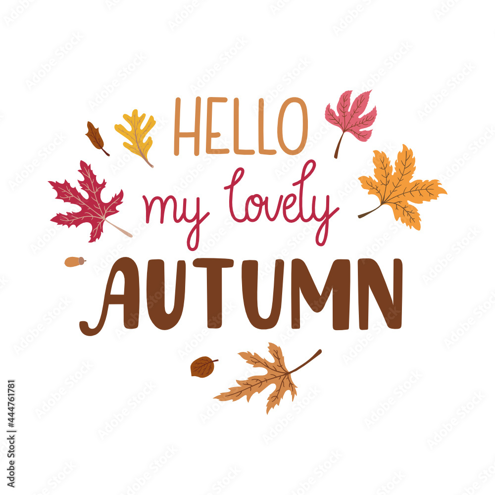 Hand-drawn lettering design with yellow and red maple and oak leaves - Hello my lovely autumn. Pretty illustration for cards, prints, stickers, decoration, etc.