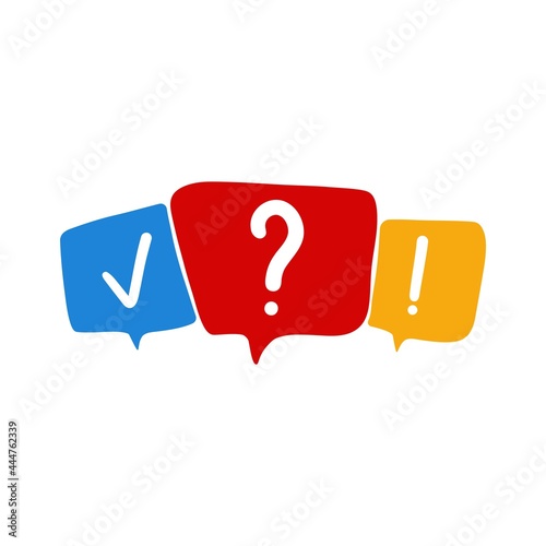 Quiz poll mark icons. Questionnaire signs cartoon flat bubble speech elements, discussion group concept. Vector illustration