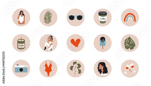 Woman abstract story highlights. Mid century boho contemporary summer icons, modern feminine story covers. Vector art