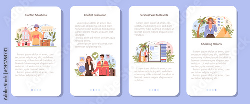Tour agent mobile application banner set. Vacation organization agency