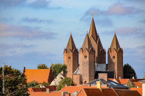 Church of Our Lady in Kalundborg, Denmark. It has five distinctive towers, and stands on a hill above the town, making it the town's most famous landmark.  photo
