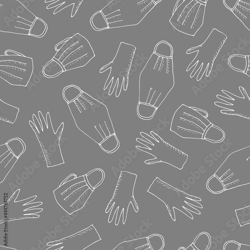 Vector seamless pattern background with medical face mask and rubber gloves for healthcare, medical design. Vector illustration. Drawn by hand in a doodle style. Modern texture for your design can be
