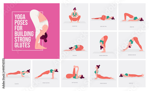 Yoga poses For Building Strong Glutes. Young woman practicing Yoga pose. Woman workout fitness, aerobic and exercises. Vector Illustration.	