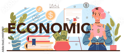 Economic typographic header. Student studying global economics