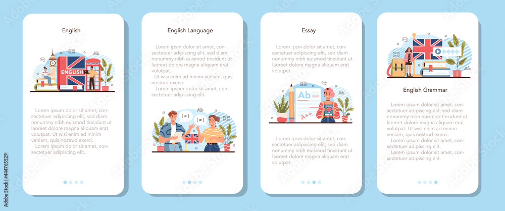 English class mobile application banner set. Study foreign languages