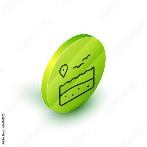 Isometric line Location with beach icon isolated on white background. Tropical beach landscape. Good sunny day. Green circle button. Vector