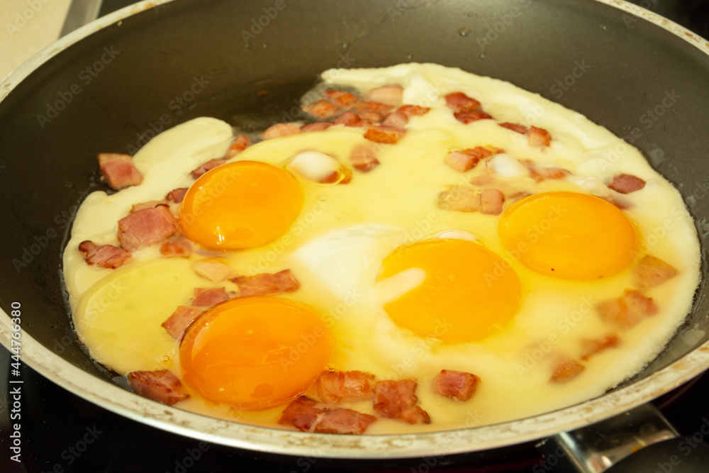Fried eggs with bacon in the pan Fried eggs with bacon in the pan