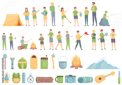 Camping trip with kids icons set cartoon vector. Kid camp boy. Scout travel