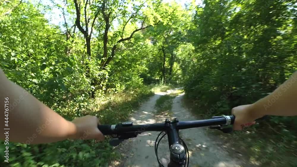 The girl at the wheel of a bicycle rides on a dirt path in a wood in the summer The girl at the wheel of a bicycle rides on a dirt path in a wood in the summer