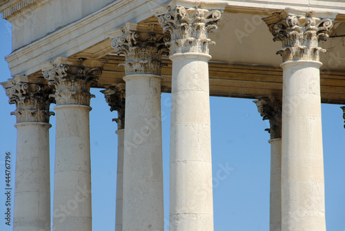The entrance of the basilica of Superga with the sumptuous pronaos supported by eight imposing Corinthian columns.