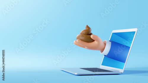 3d illustration. Cartoon character businessman hand holds poop, sticking out the laptop screen. Internet business clip art isolated on blue background. Bad content photo