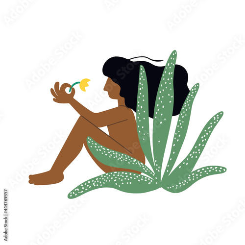 Woman holding a yellow flower and sitting behind big Haworthia succulent plant. Flat design vector illustration