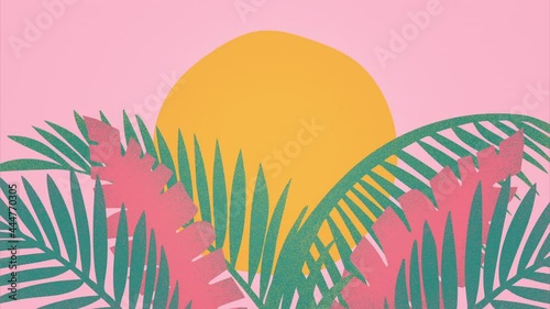 The silhouettes of palm leaves are against the background of the yellow sun and pink sky. Shapes of tropical plants with noisy texture. Botanical, vacation concept. Template for social media, banner.
