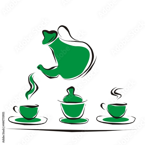 teapot and two cups, vector green icon