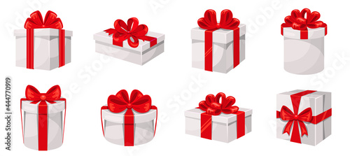 Set of various white gift boxes with red ribbon and bows.Collection for 
black friday sale shopping concept.Holiday present boxes.New year, anniwersary, birthday, christmas vector icon design element
