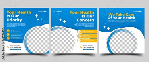 Medical social media post template design collection. Modern banner with blue and white background and place for the photo. Usable for social media, banner, and website.