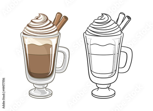 Chocolate beverage drink with whipped cream and cinnamon in tall glass mug clipart. Outline and colored vector illustration set. Coloring book page element activity for kids and adults.