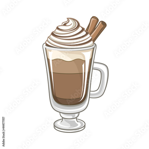 Chocolate beverage drink with whipped cream and cinnamon in tall glass mug clipart vector illustration.