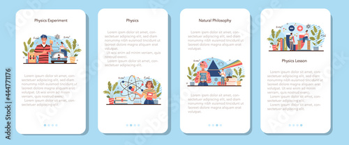 Physics school subject mobile application banner set. Students explore
