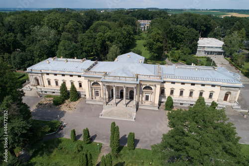 Aerial summer view of Scherbatova palace in Nemyriv town in Vinnytsa region, Ukraine, 2021.