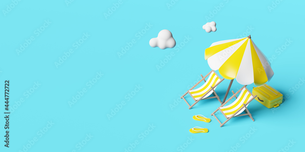 summer travel with yellow suitcase,beach chair,umbrella,cloud,sandals isolated on blue background ,concept 3d illustration or 3d render