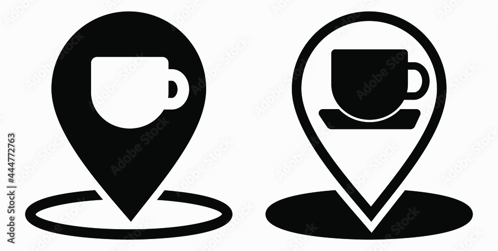 Location of the cafe. GPS and cup. Point on the recreation map. Restaurant icon. Vector icon.