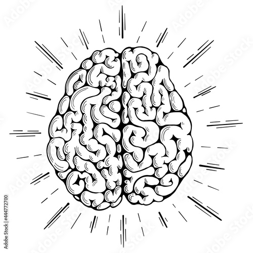 Human brain with lightning around. Brainstorming creative concept in sketch style. Vector illustration.