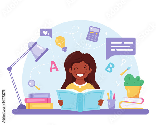 Indian girl reading book. Girl doing homework. Back to school concept. Vector illustration
