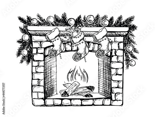 Fireplace with socks and Christmas decorations, hand drawn illustration. Vector.