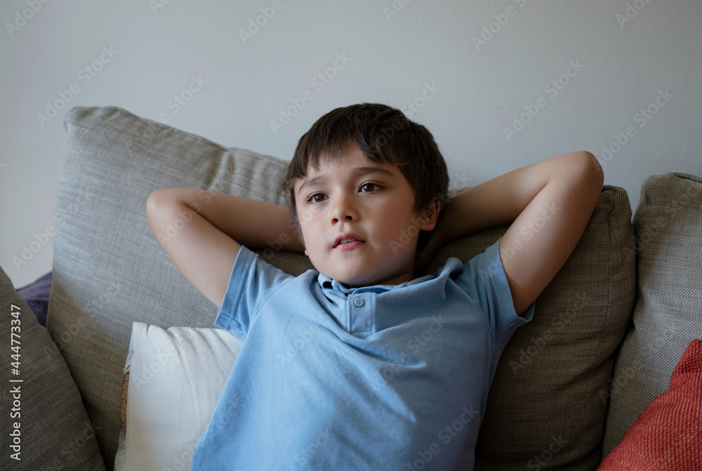 Potrait happy child boy sitting on sofa watching TV, Smiling kid sitting alone on couch relaxing on weekend. Happy children concept Potrait happy child boy sitting on sofa watching TV, Smiling kid sitting alone on couch relaxing on weekend. Happy children concept
