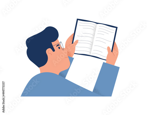 Young teen boy reading open book cartoon isolated