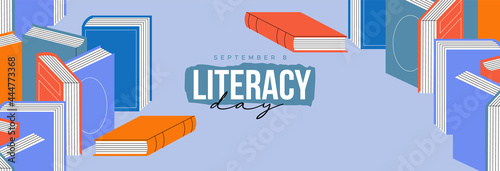 Literacy Day web banner colorful books cartoon