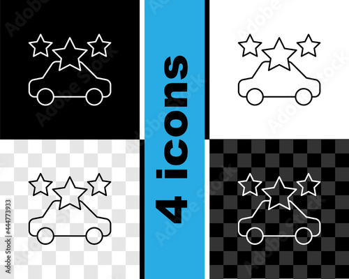 Set line Car sharing icon isolated on black and white, transparent background. Carsharing sign. Transport renting service concept. Vector
