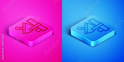 Isometric line Radar icon isolated on pink and blue background. Search system. Satellite sign. Square button. Vector